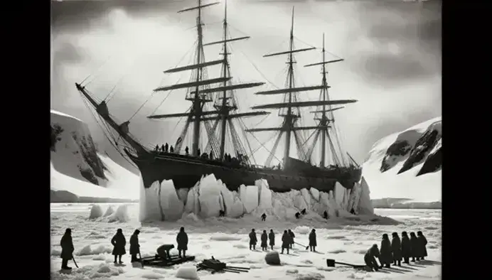 Vintage sailing ship trapped in the Antarctic ice with men working to free it, surrounded by a desolate polar landscape.