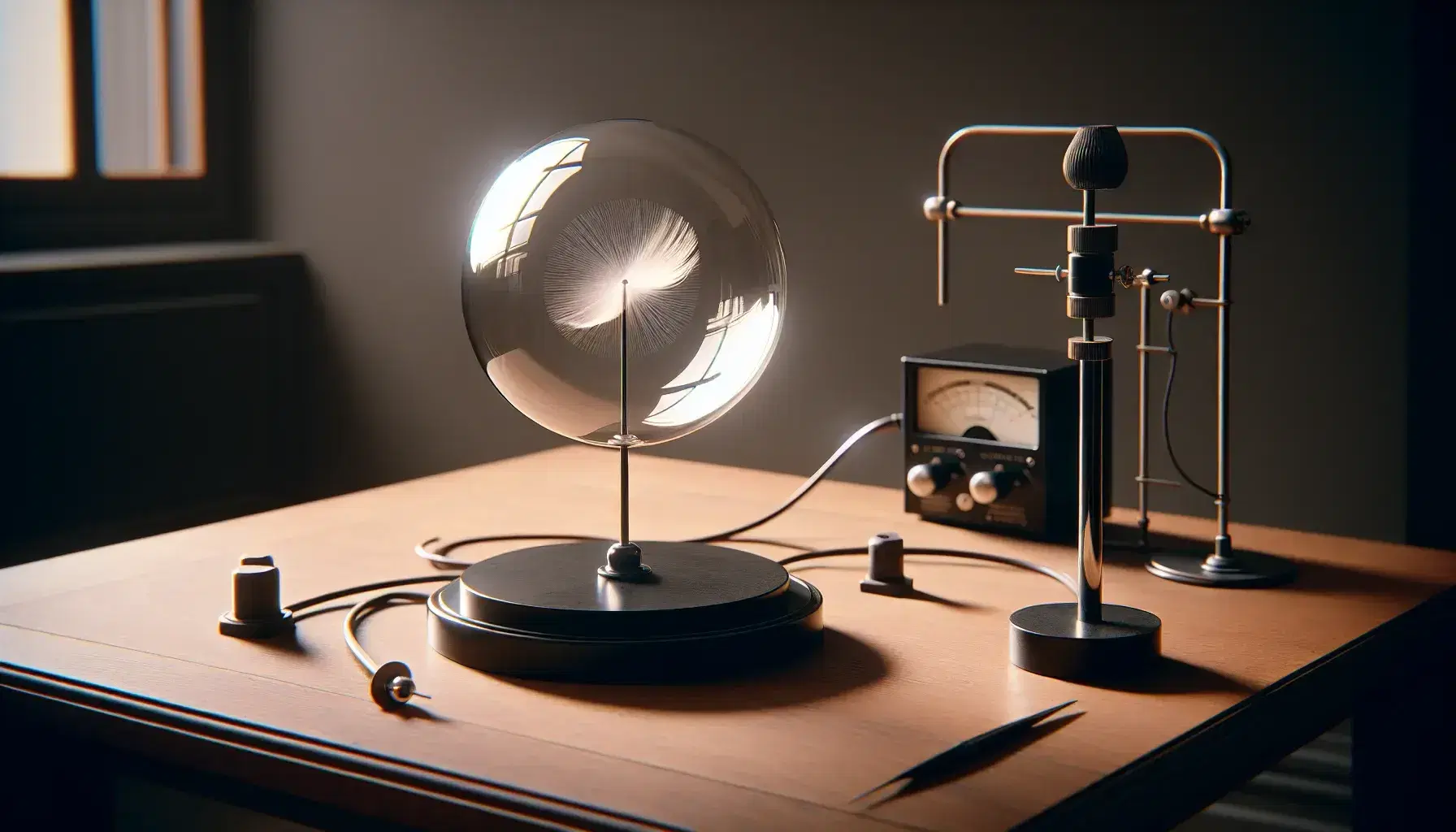 Scientific experiment with a glass sphere on a stand reflecting a lab environment, a metal rod on an adjustable stand, and a suspended white feather.