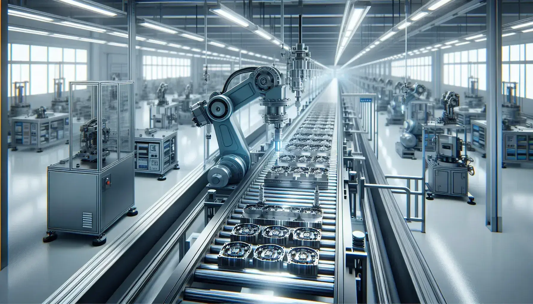 Modern automated assembly line with robotic arms assembling metallic parts on a conveyor belt, under bright factory lighting with a motion-blurred background.