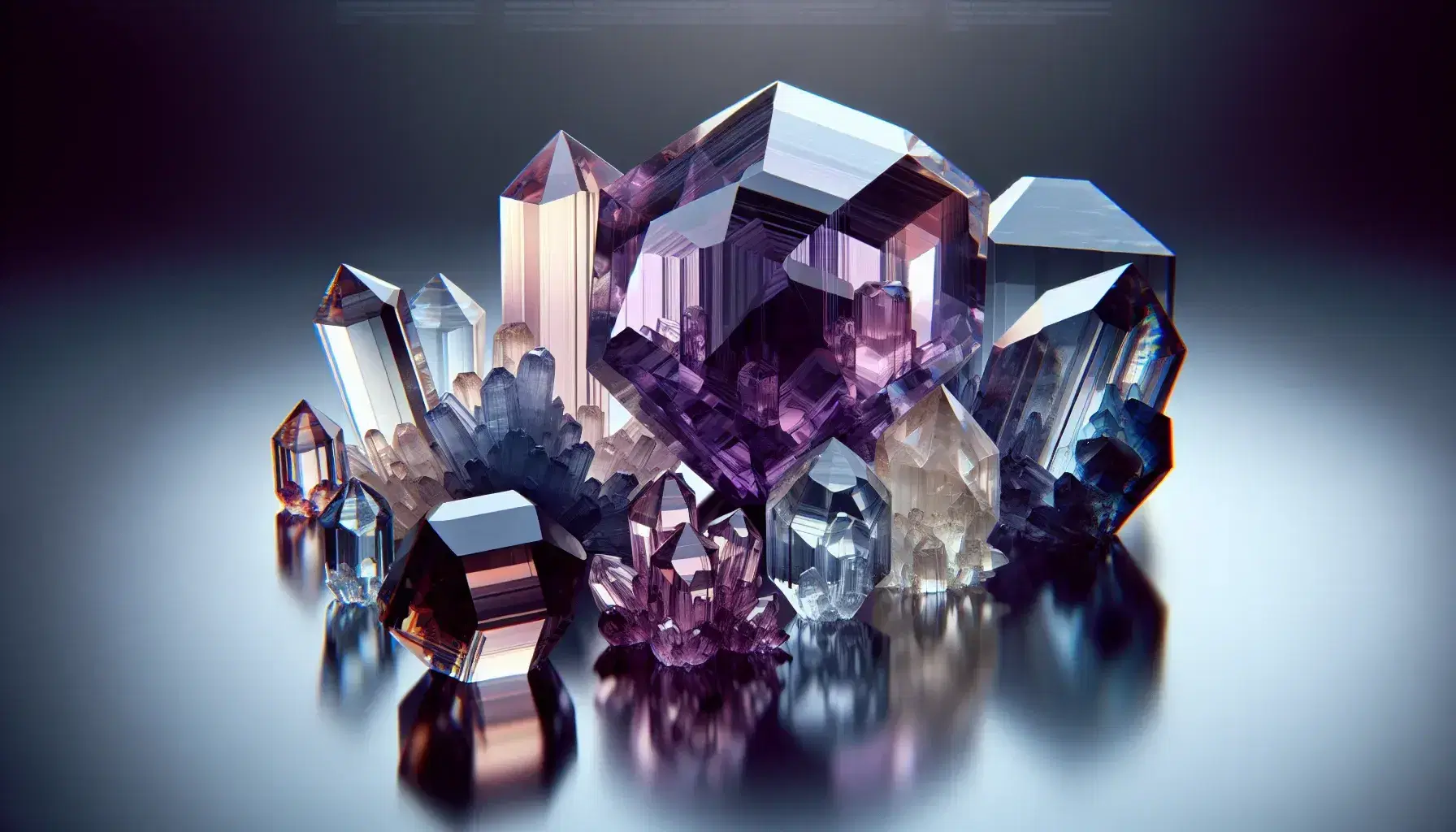 Close-up of colorful crystals with one faceted, dark purple crystal highlighted, surrounded by smaller white and light blue crystals on a gray background.