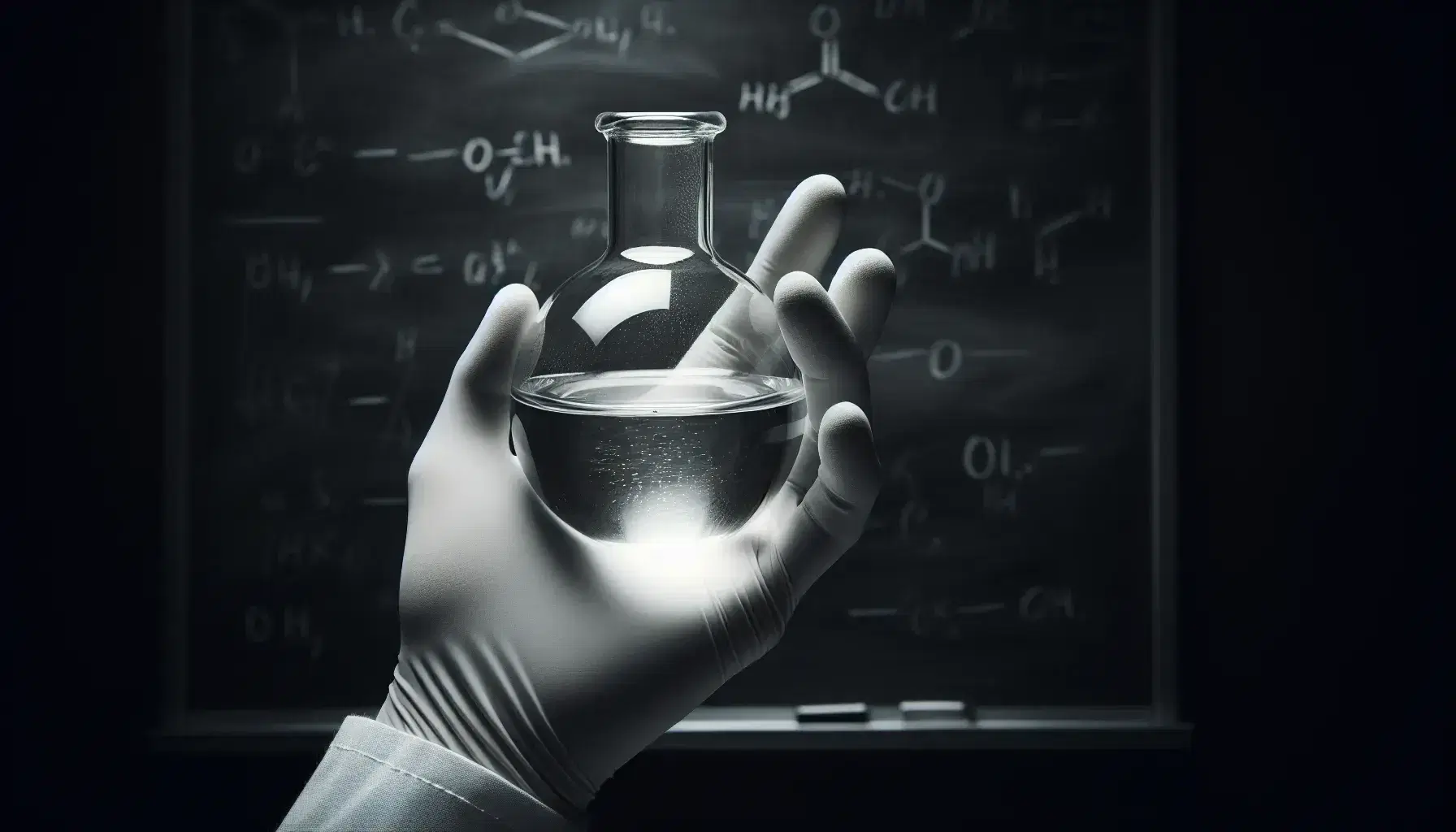 Close-up view of a gloved hand holding a glass flask with clear liquid in a laboratory setting, against an out-of-focus blackboard background.