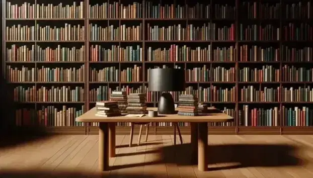 Biblioteca acogedora con estantes de madera oscura llenos de libros coloridos, mesa con libros apilados y lámpara, y taza blanca en primer plano.