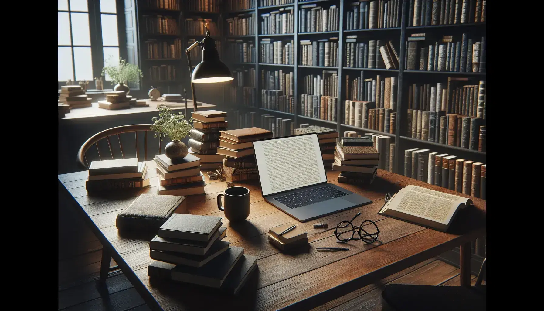 Biblioteca acogedora con estantes de madera oscuros llenos de libros, mesa con laptop abierta, libros apilados, gafas y taza de café.