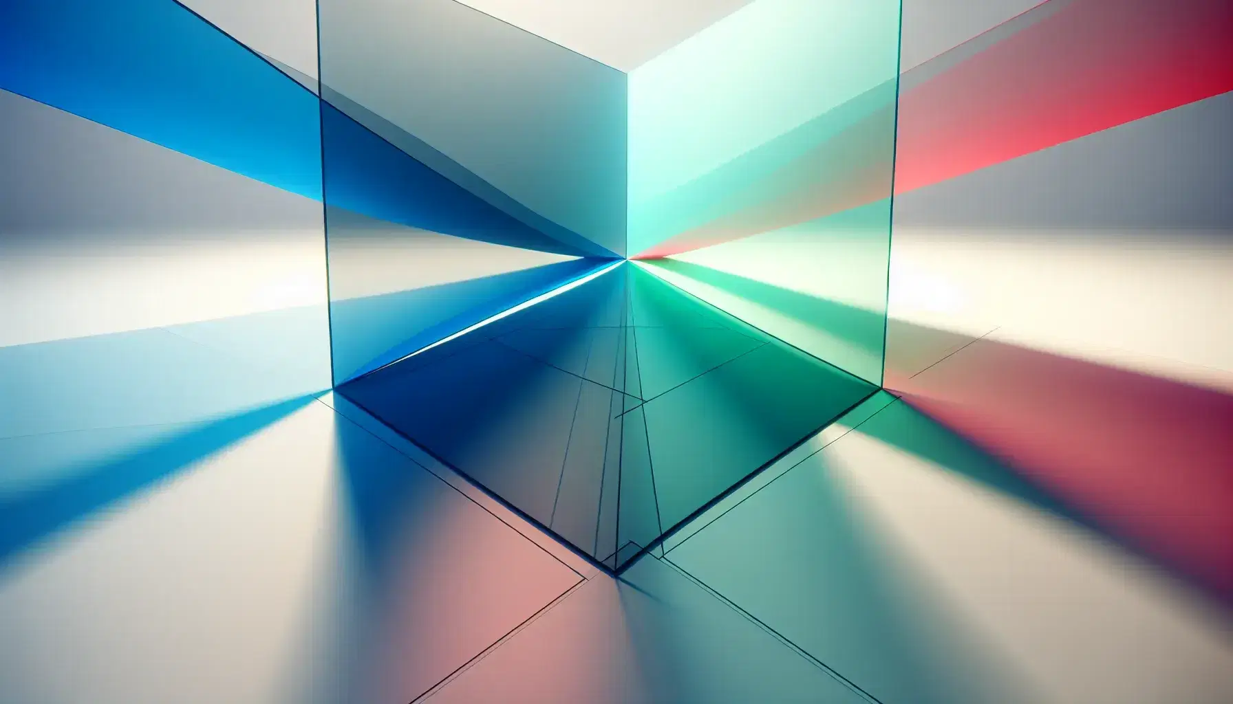 Three translucent geometric planes in blue, green, and red intersecting along a bold diagonal line against a gradient gray background, creating a 3D effect.
