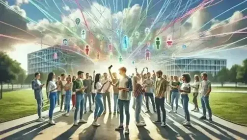 Gruppo eterogeneo di persone connesse da linee colorate che simboleggiano reti virtuali, in un parco cittadino sotto un cielo sereno.