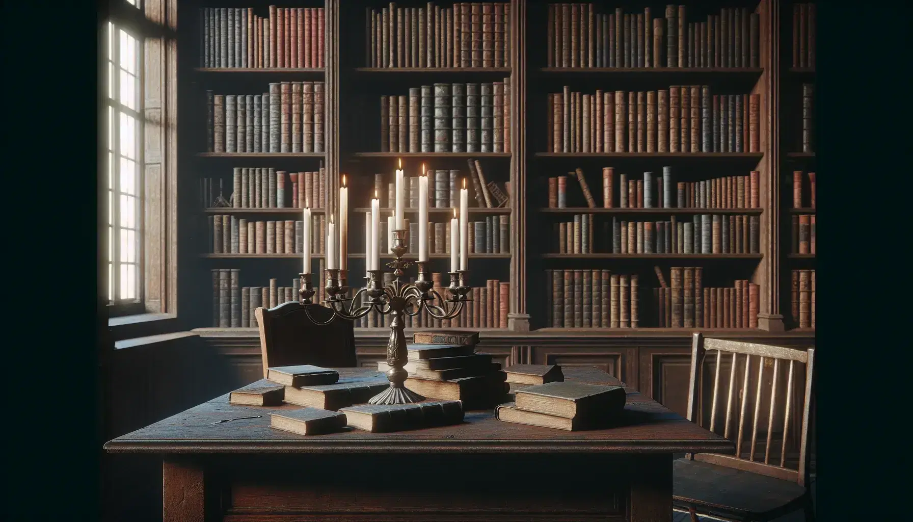 Biblioteca antigua con mesa de madera oscura y candelabro de bronce iluminando estantería repleta de libros y alfombra persa en el suelo.