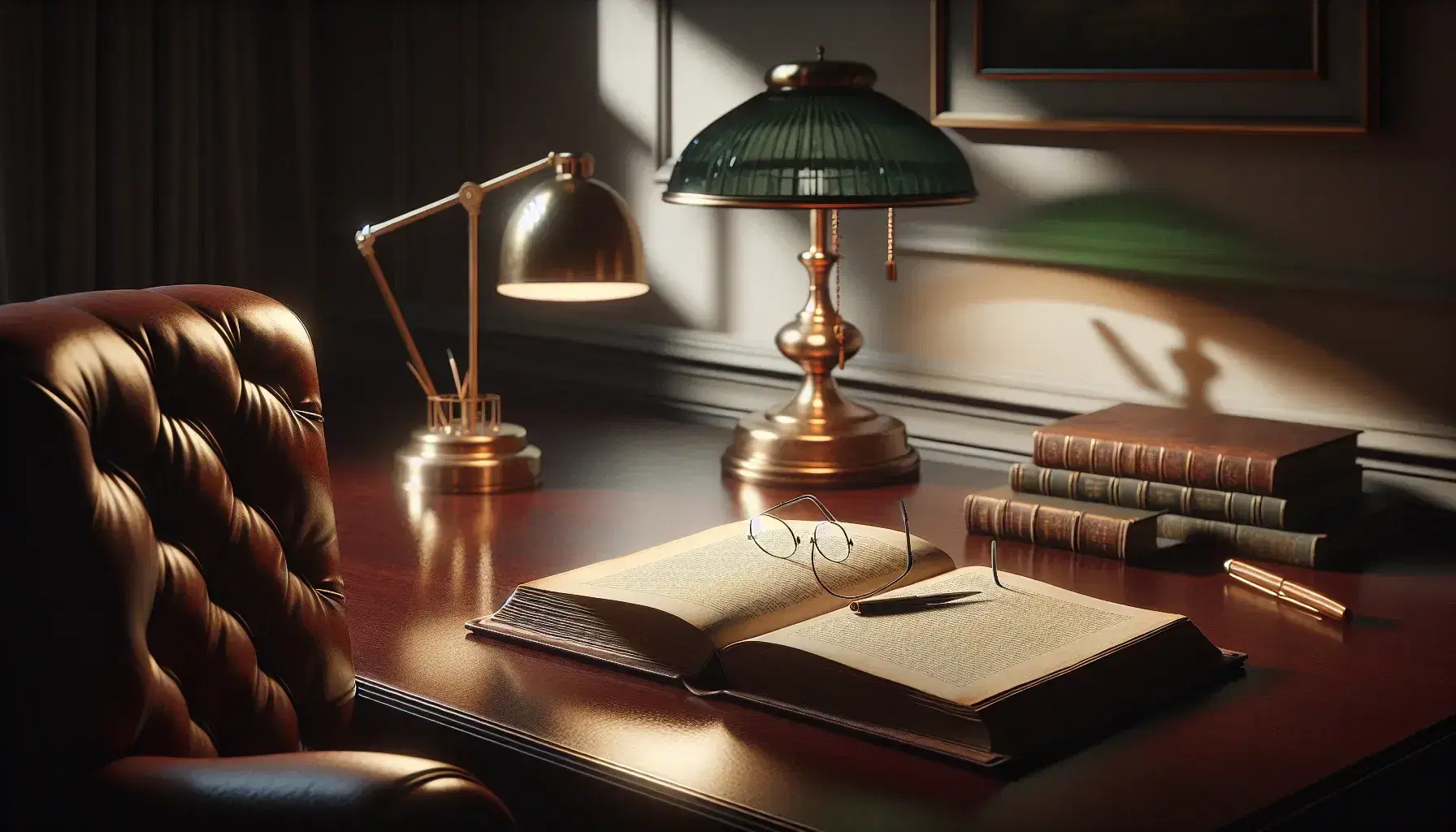 Serene study room with mahogany desk, open book, vintage brass lamp, leather armchair, and bookshelf filled with colorful spines.