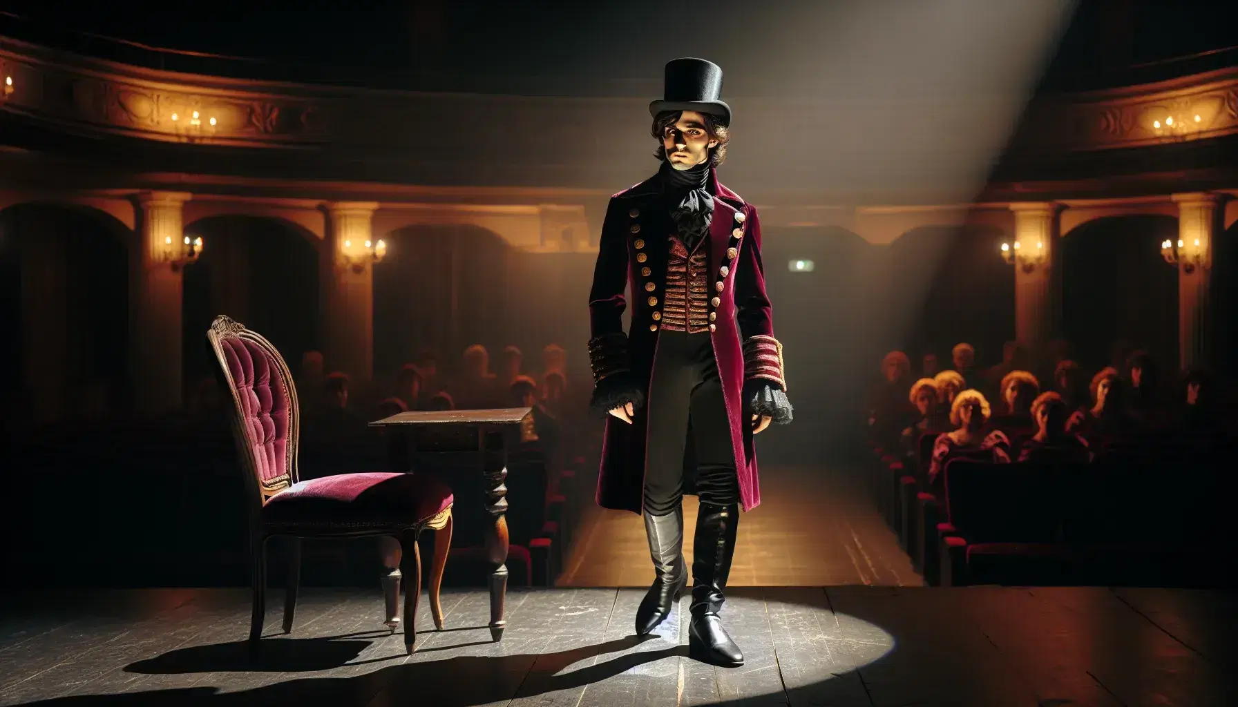 Attore teatrale in costume d'epoca su palcoscenico, con giacca velluto bordeaux e cappello, gesto espressivo verso pubblico in sala buia.
