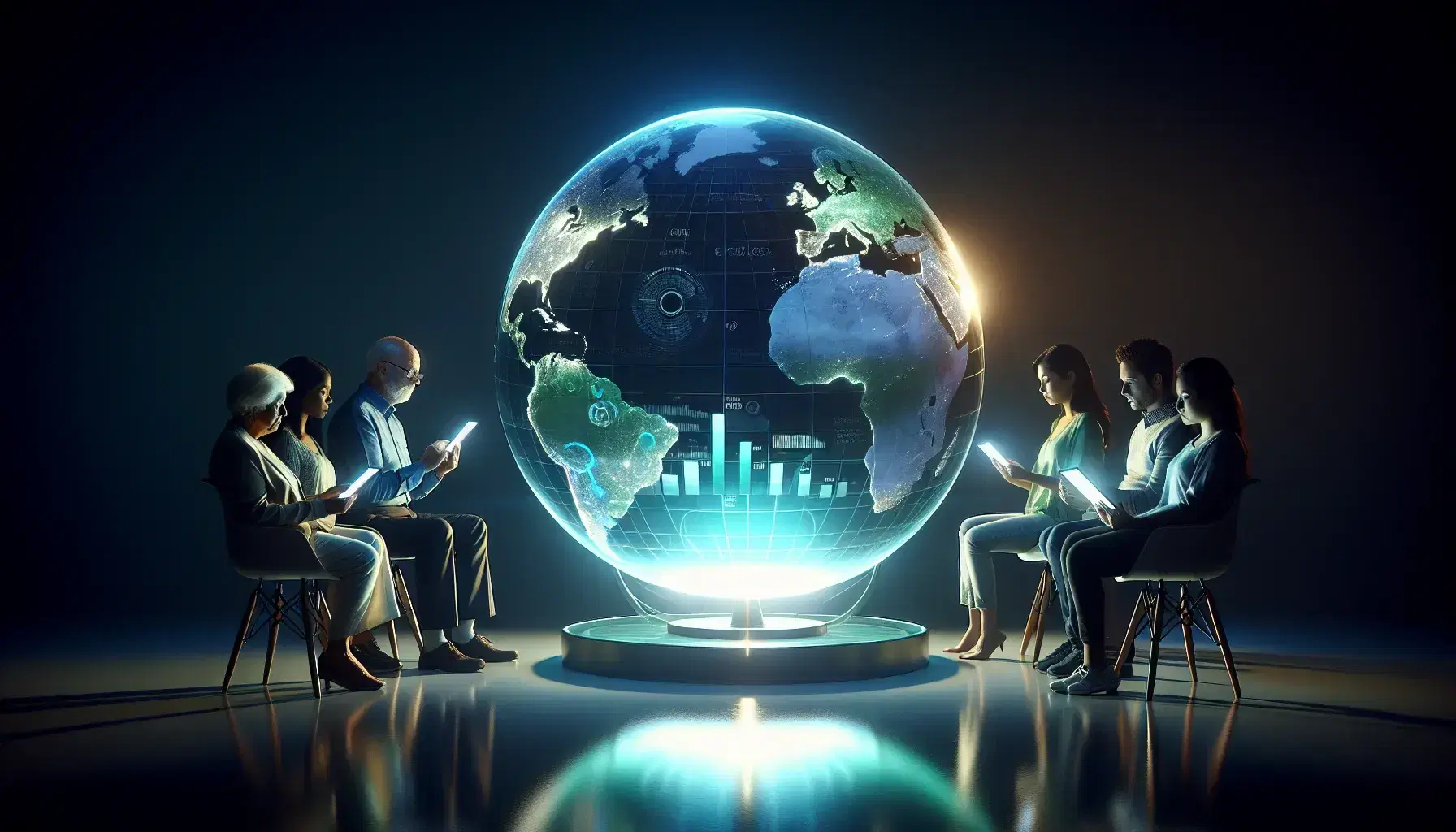 Globo terráqueo iluminado en habitación oscura con cuatro personas de diversas culturas enfocadas en él y usando dispositivos electrónicos con gráficos coloridos.