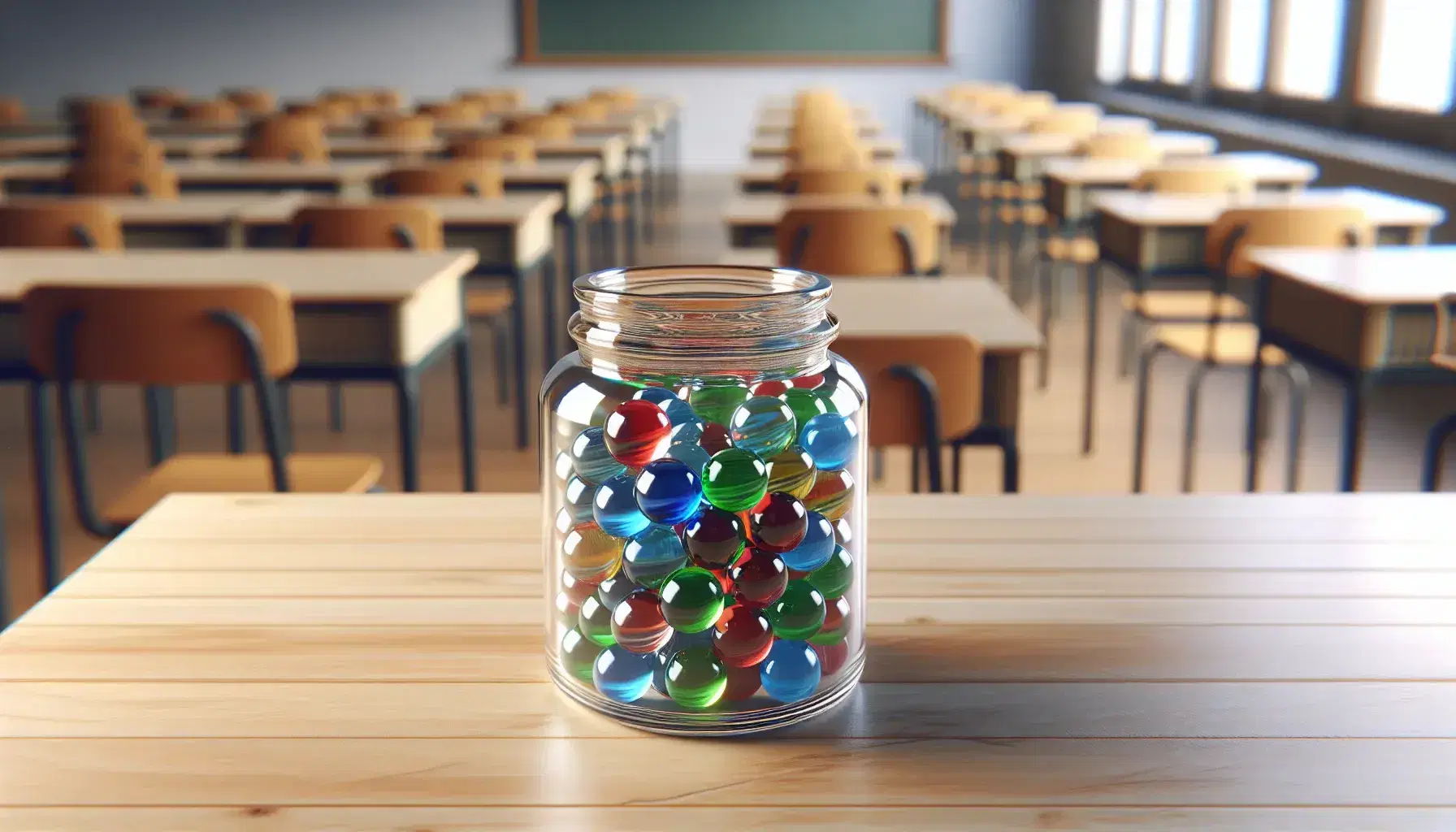Transparent glass jar full of colorful red, blue, green and yellow marbles on light wooden table in empty classroom.