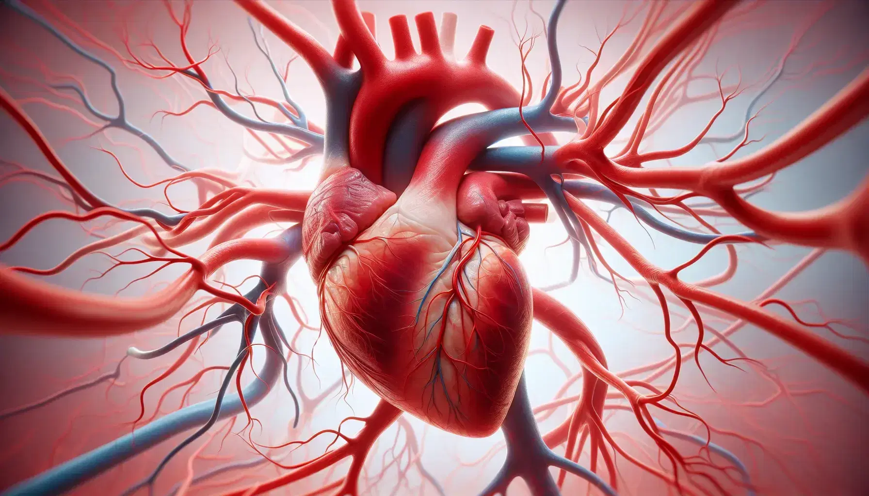 Corazón humano realista rodeado de red de vasos sanguíneos en tonos rojos y azules sobre fondo suave, mostrando detalles anatómicos precisos.