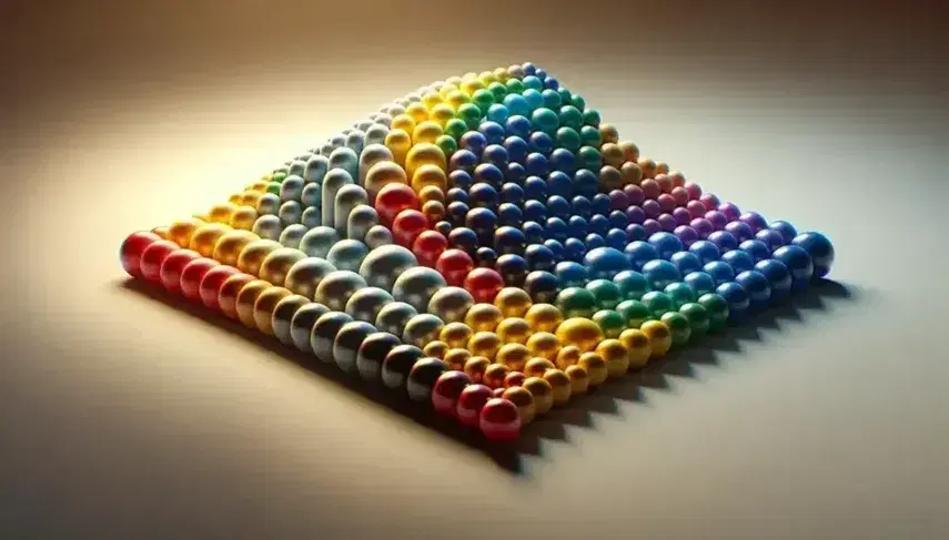 Esferas de colores formando una curva de distribución normal sobre superficie lisa con iluminación desde la izquierda, reflejando brillo y sombras.