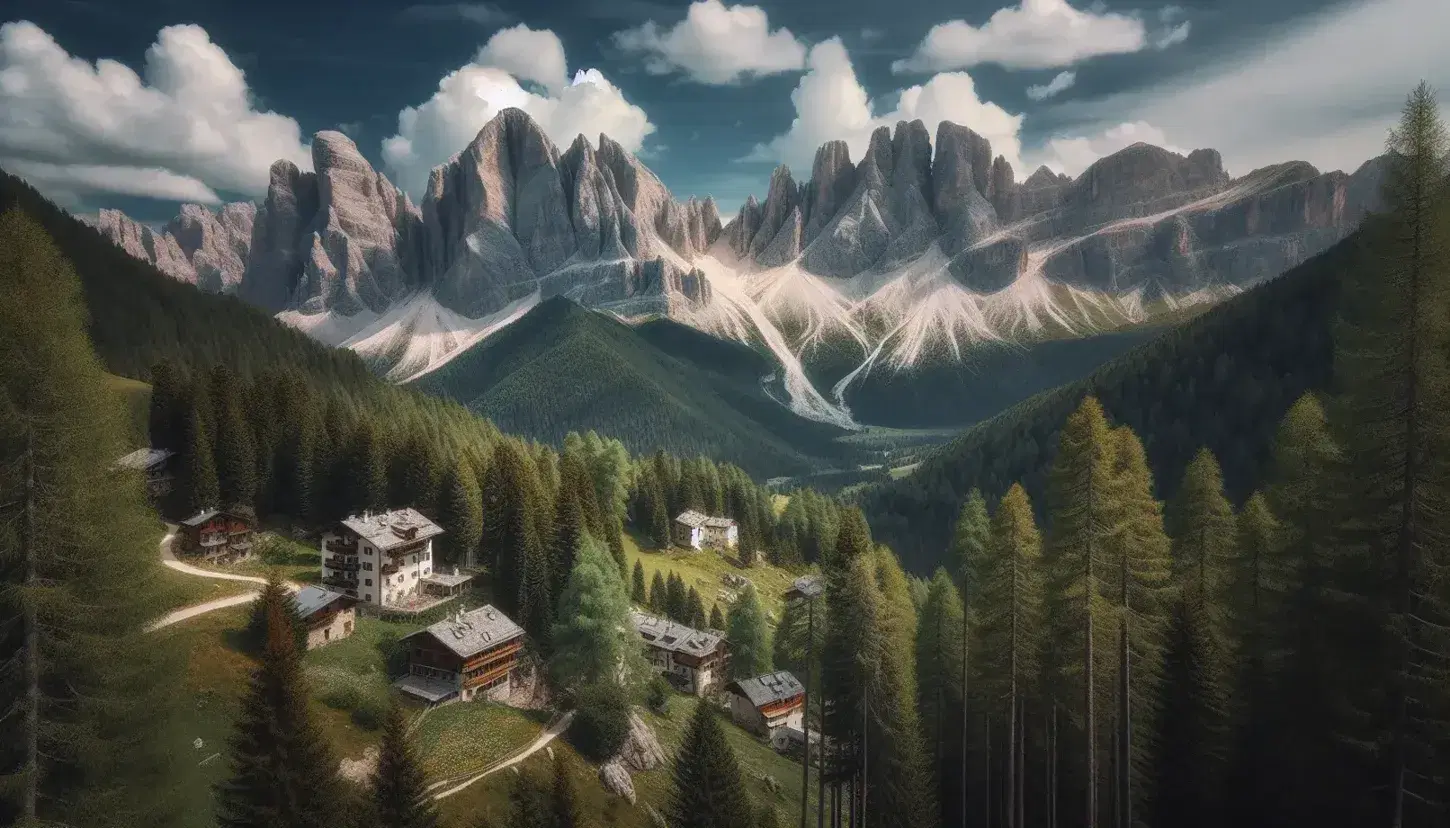 Vista panoramica delle Dolomiti con cime frastagliate, cielo azzurro, foreste alpine, prati fioriti e case tradizionali.