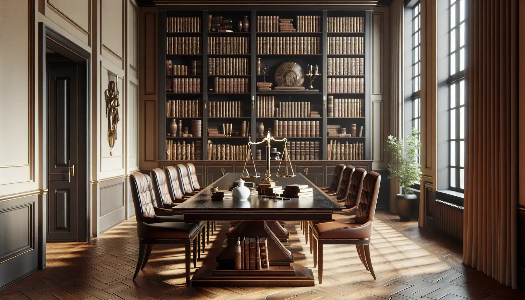 Sala amplia con mesa de madera oscura, sillas de cuero marrón, balanza de justicia, libros encuadernados y estantería repleta, bajo luz natural.
