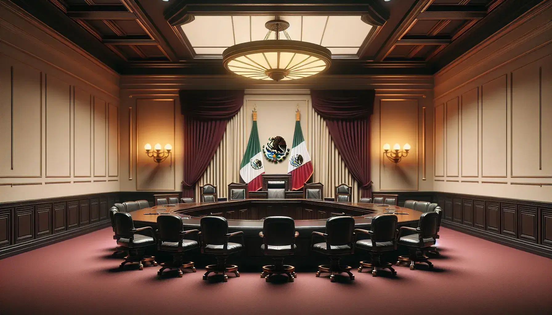 Sala de tribunal superior vacía con mesa en forma de U, silla elevada para juez y cortinas rojas a los lados de una ventana, iluminación suave y bandera de México.
