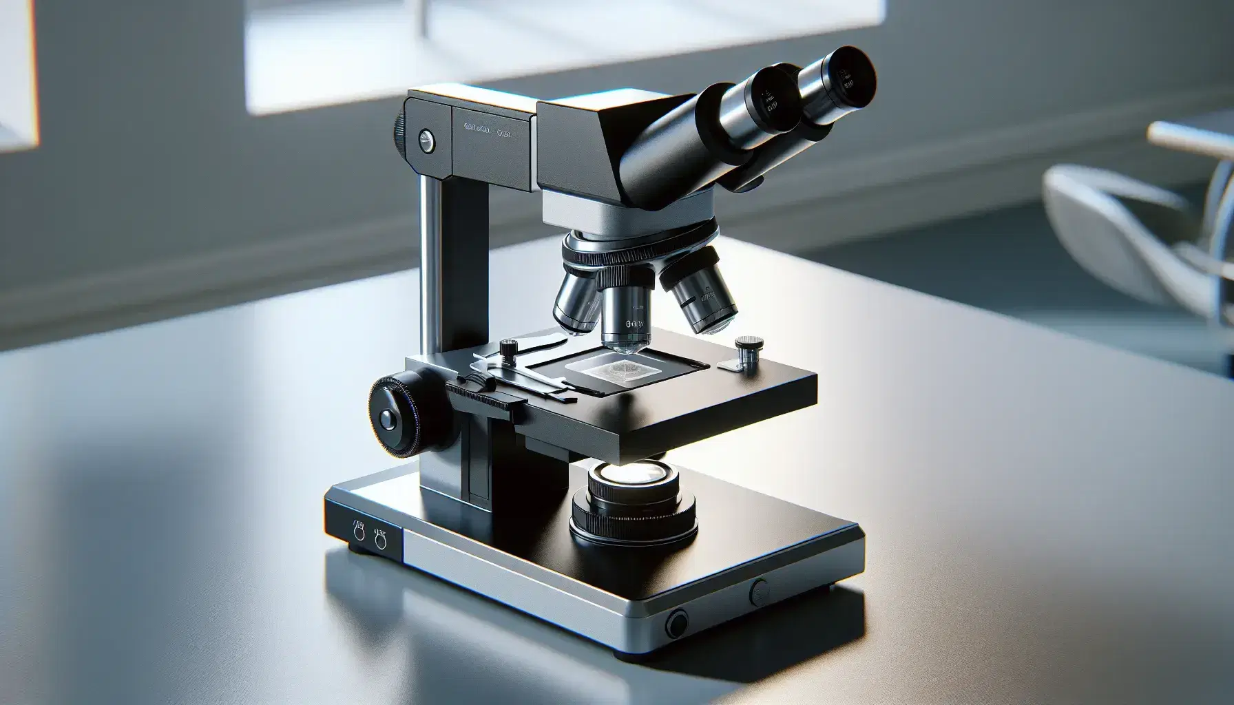 Microscopio óptico moderno con base negra y tres objetivos metálicos sobre una muestra de sangre en portaobjetos iluminada, sin detalles visibles a simple vista.