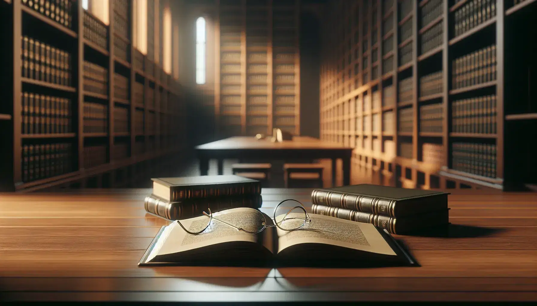 Serene library scene with a polished wooden table, an open book with blank pages, and round rimless glasses, against a backdrop of dark bookshelves.