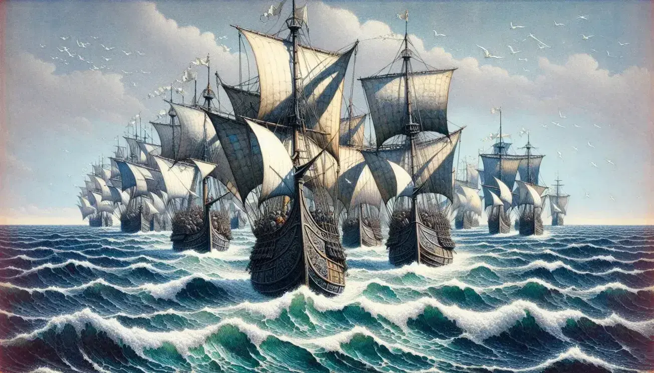 Flotta di navi medievali a vela su mare aperto, con scafi scuri e vele bianche gonfie al vento, riflessi solari sulle onde.