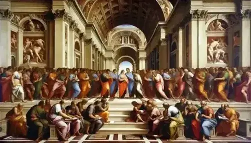 Affresco di Raffaello "La Scuola di Atene" con filosofi classici in una scena di dialogo, circondati da architetture rinascimentali.
