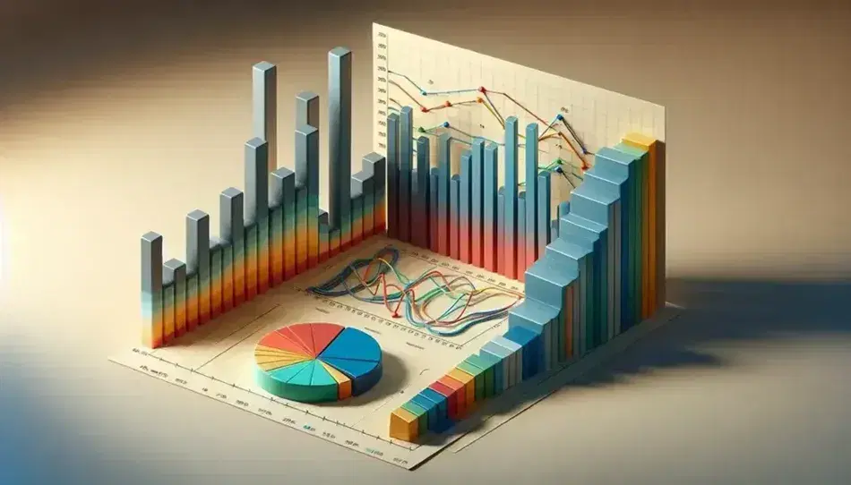 Gráficos estadísticos tridimensionales con barra, pastel y línea en colores variados sobre superficie lisa y clara, sin texto ni símbolos.