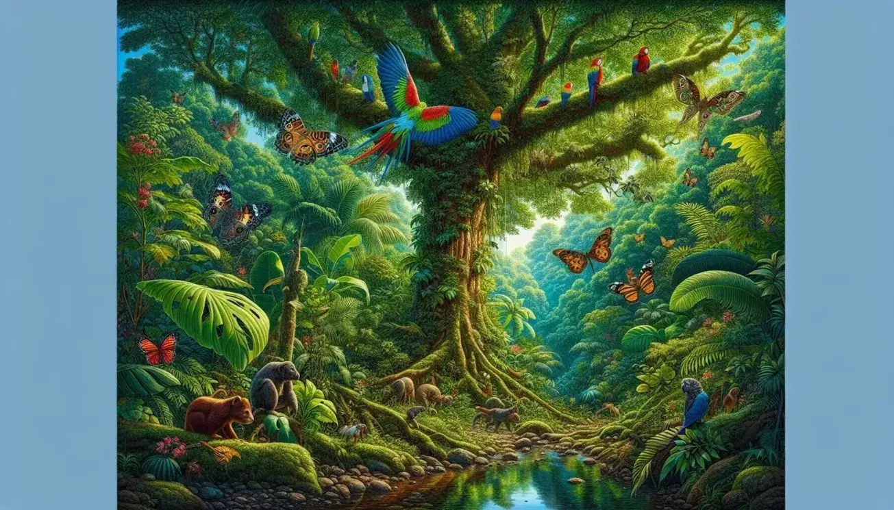 Lush rainforest with a thick-trunked tree, red and yellow flowers, a stream, a green and red parrot, a butterfly, and a leaping monkey.