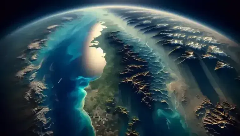 Vista aerea di paesaggio terrestre con oceano scintillante, montagne nevose, foreste verdi e campi coltivati.