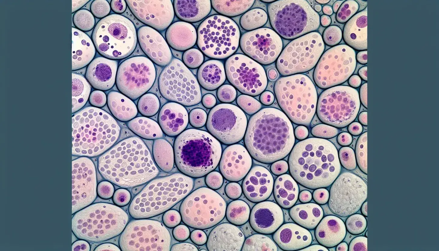 Vista microscópica de tejido vivo con células redondeadas teñidas en tonos rosados y morados, mostrando núcleos púrpura oscuro y espacios intercelulares.