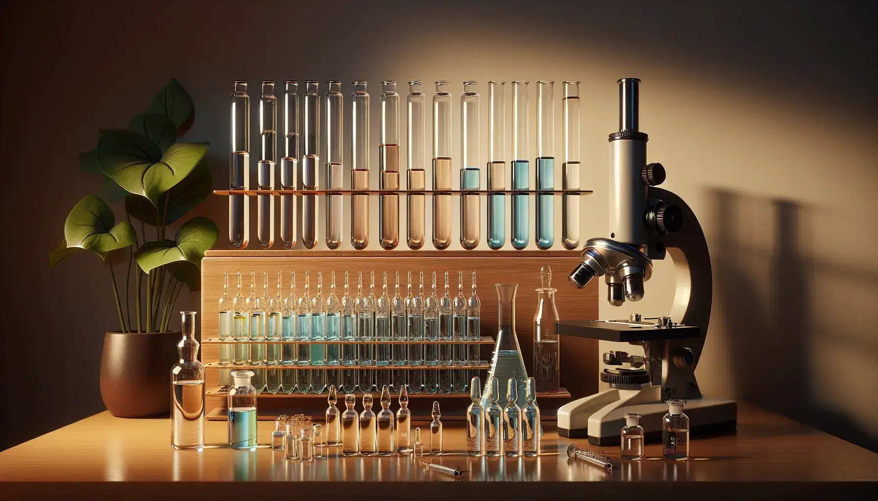 Provette in vetro con liquidi colorati su mensola in legno, accanto a vial e microscopio da laboratorio, con pianta sullo sfondo.