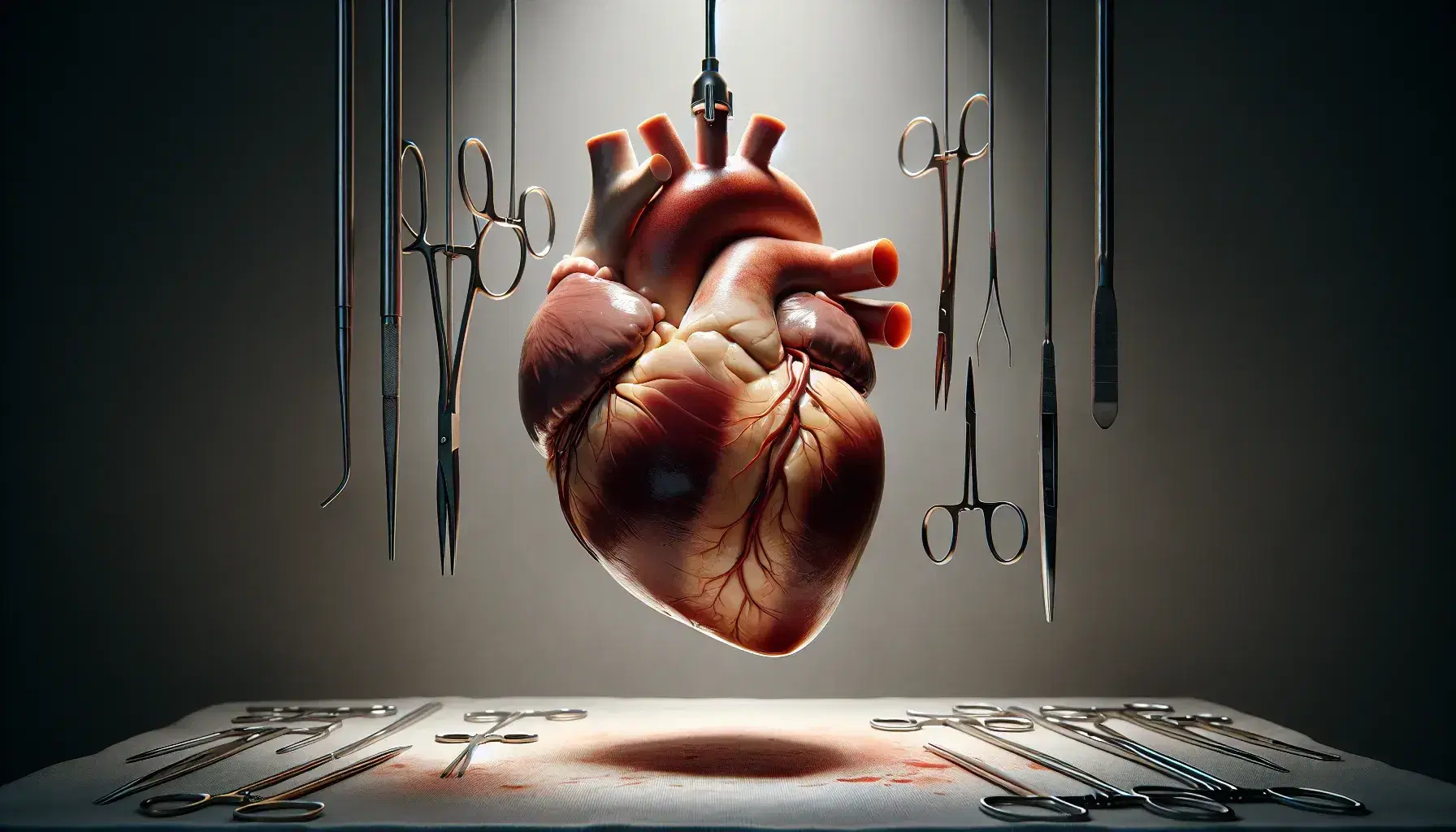 Cuore umano reale sospeso con arterie coronarie visibili, attrezzi chirurgici intorno, in ambiente medico asettico e illuminato.