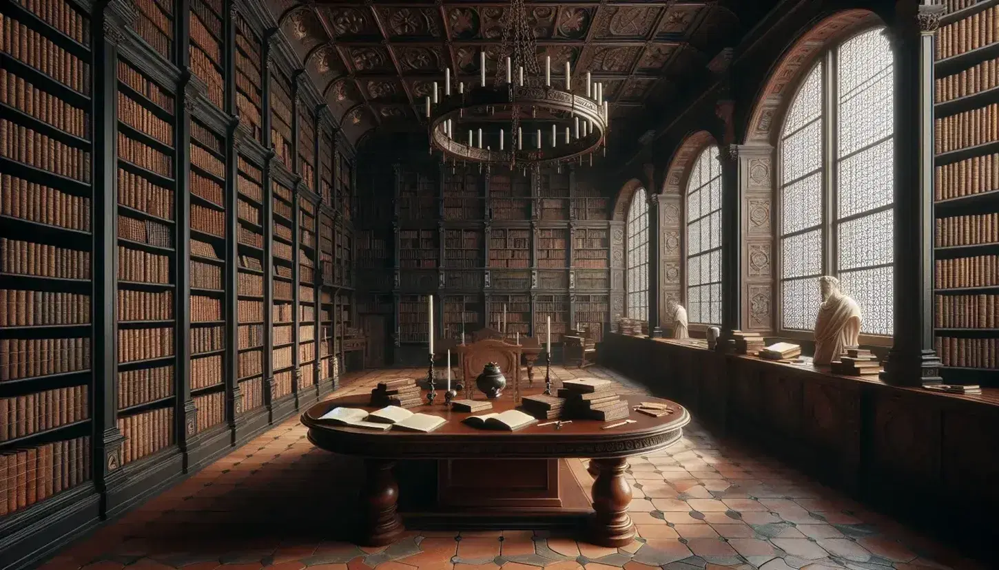Biblioteca rinascimentale con scaffali in legno scuro, tavolo ovale con libri aperti, calamaio e penna, e statua marmorea di filosofo.