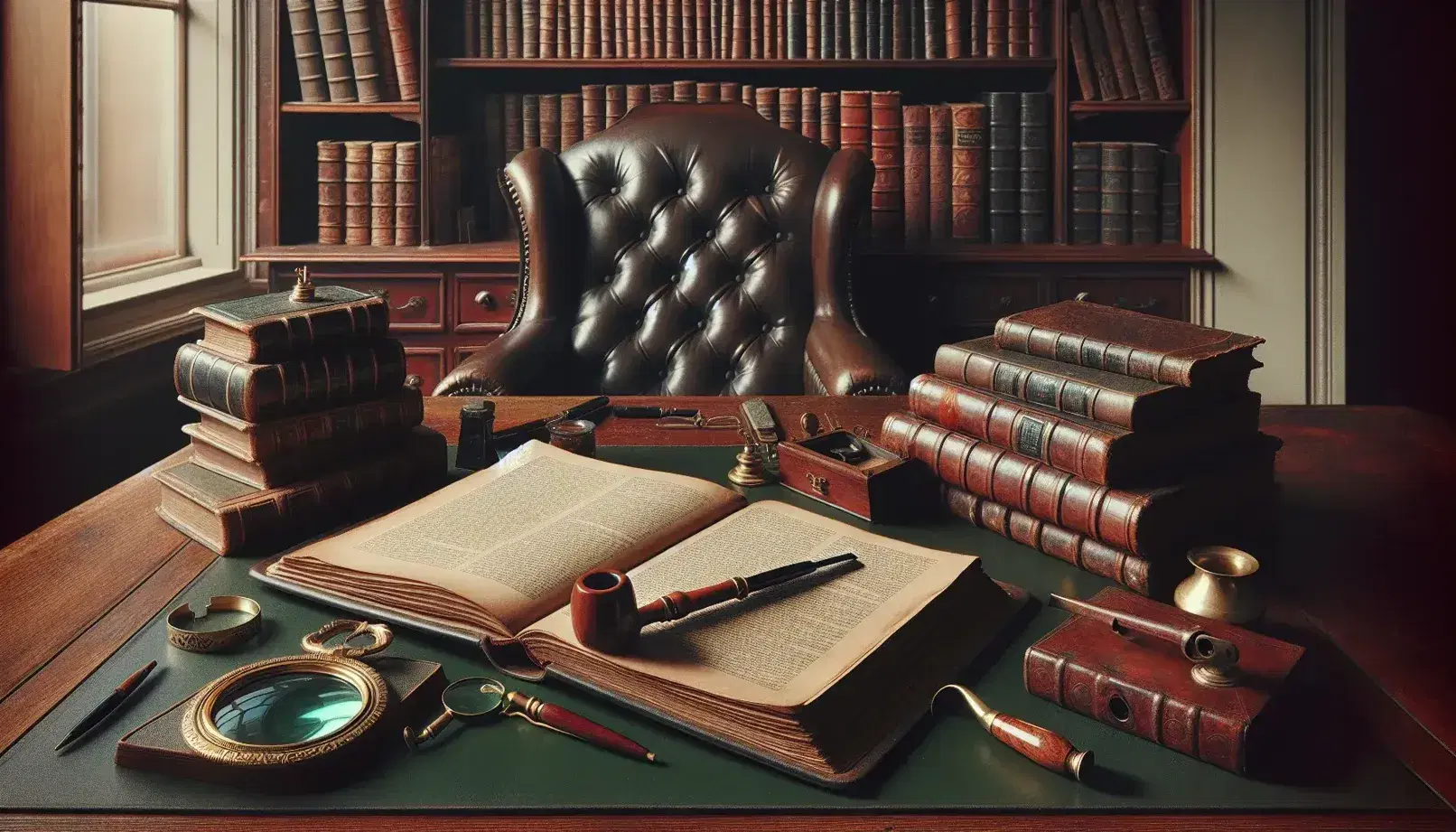 Victorian study with antique desk, open book, magnifying glass, inkwell with fountain pen, leather armchair, and bookshelves filled with leather-bound books.
