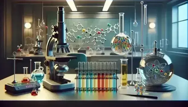 Laboratorio científico con tubos de ensayo de colores en soporte metálico, matraz esférico sobre quemador Bunsen y microscopio negro al fondo.