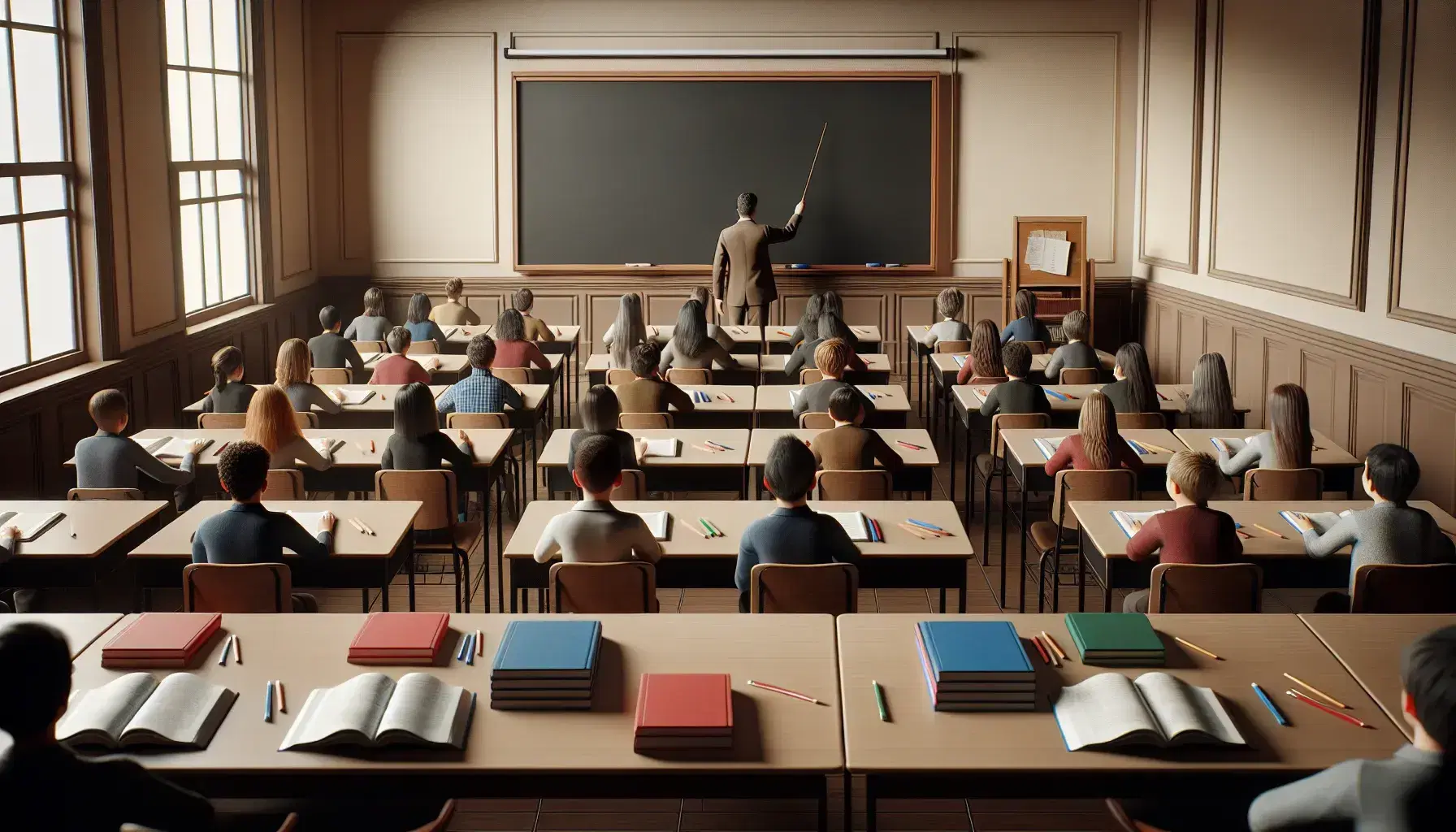 Diverse students attentively seated in a classroom with blank notebooks, facing a teacher pointing at an empty chalkboard, under soft lighting.