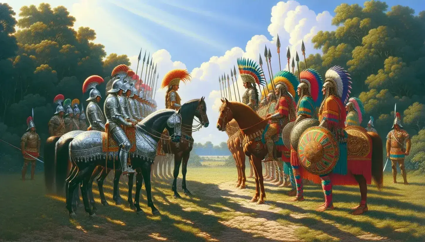 Encuentro entre guerreros con armaduras y cascos emplumados a caballo y nativos con atuendos coloridos y tocados de plumas en un paisaje natural.