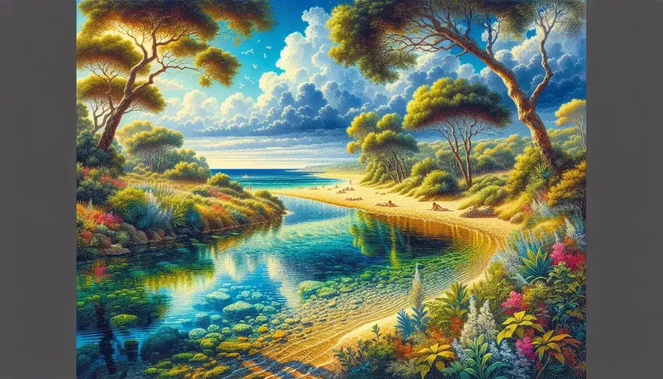Paesaggio naturale del Sud Italia con fiume serpeggiante, spiaggia dorata, mare calmo e colline in lontananza sotto un cielo azzurro.