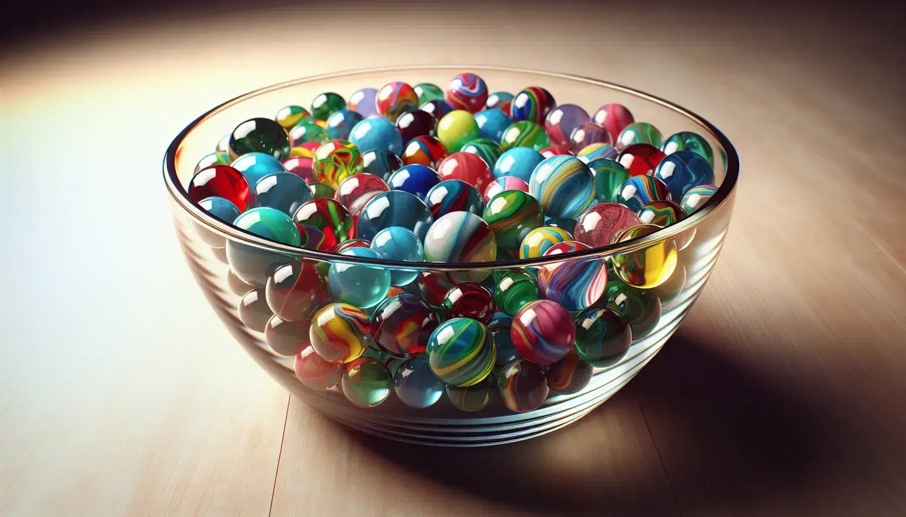 Clear glass bowl on light wooden table full of colorful marbles in red, blue, green, yellow and purple with shiny highlights.