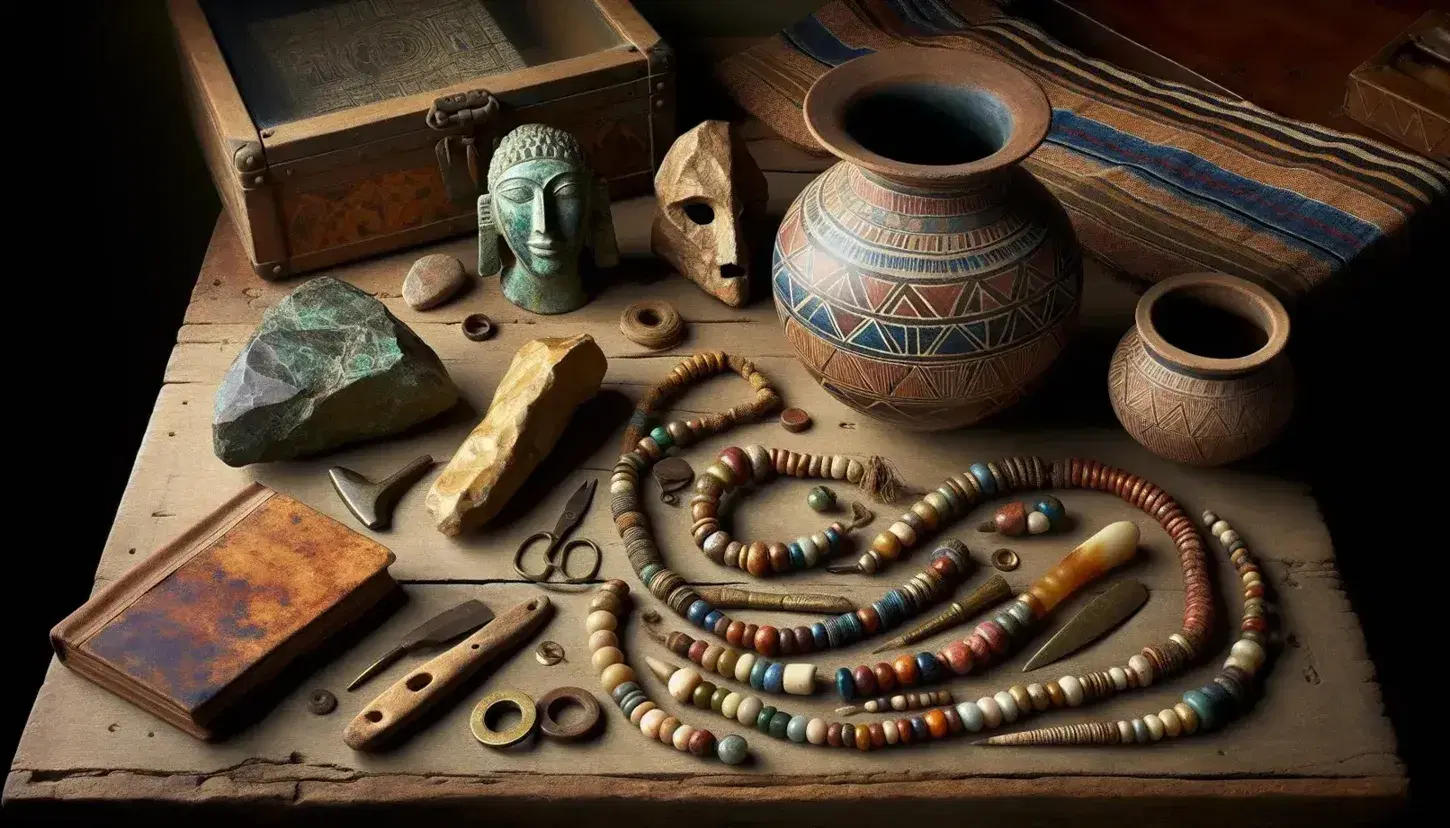 Mesa antigua con objetos históricos variados, incluyendo un vaso cerámico con patrones geométricos, herramienta de piedra pulida, collar de cuentas coloridas, ídolo de bronce, flauta de hueso y libro antiguo abierto.
