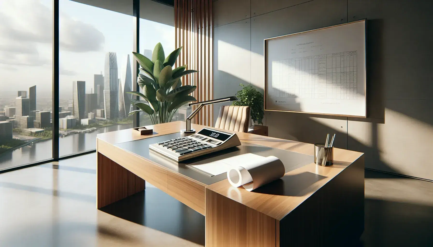 Modern office with a large wooden desk featuring a calculator and paper stack, a potted plant to the side, and a panoramic window overlooking a sunlit cityscape.