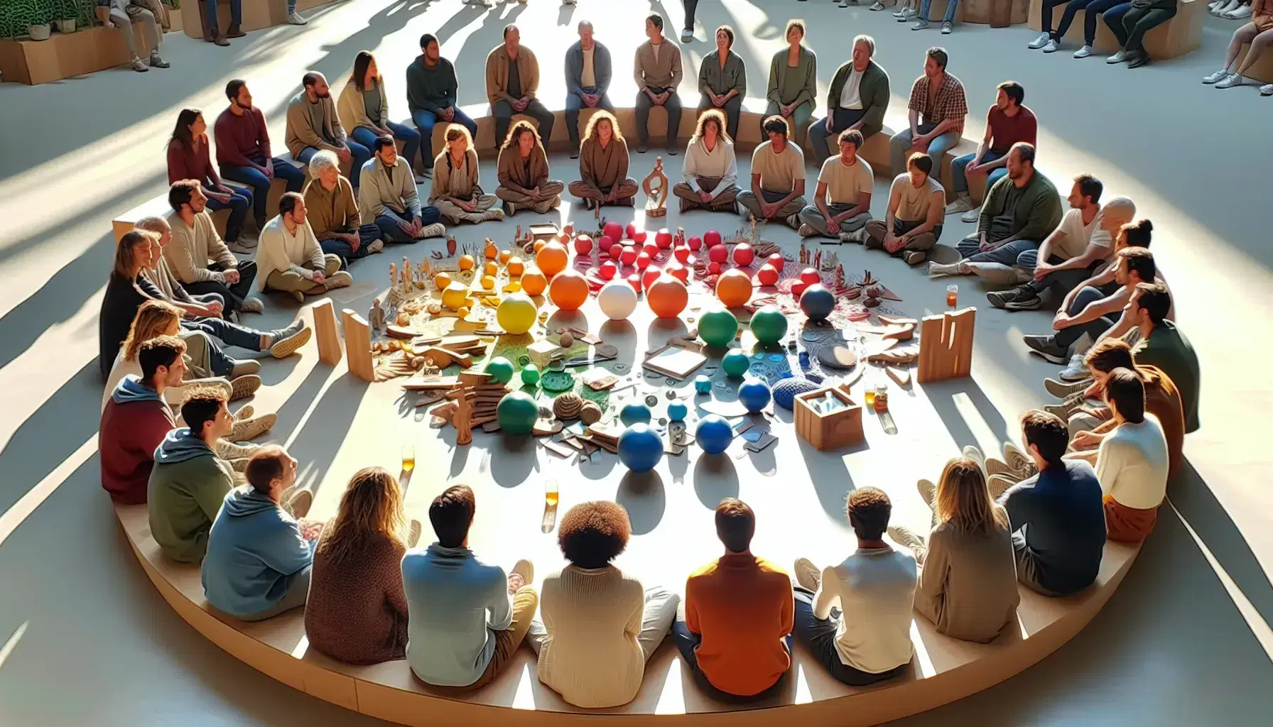 Grupo diverso de personas en círculo participando en dinámica de comunicación con objetos coloridos en un espacio iluminado por luz natural.