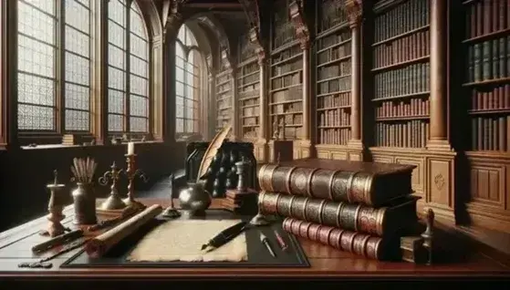 Biblioteca antica con scrivania in legno lucido, calamaio d'argento, pergamena, libro rilegato in pelle e scaffali pieni di volumi.