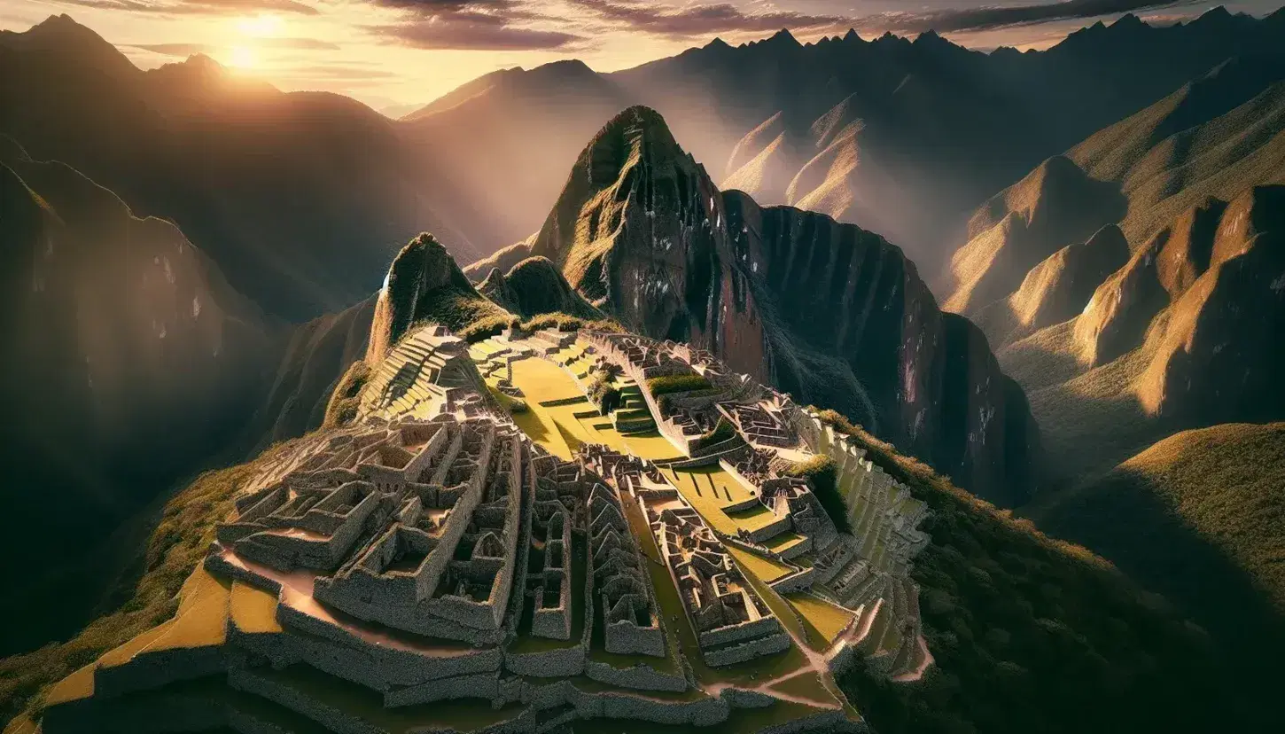 Veduta aerea delle rovine di Machu Picchu al tramonto, con luci dorate sulle strutture in pietra e cielo sfumato in arancione e rosa.