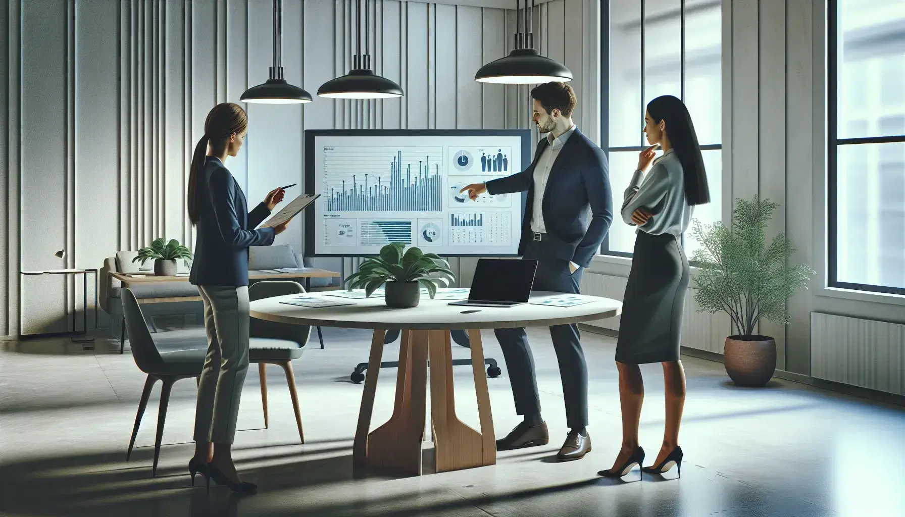 Tres profesionales analizan gráficos en un portátil y documentos sobre una mesa redonda en una oficina iluminada, con una planta al fondo.