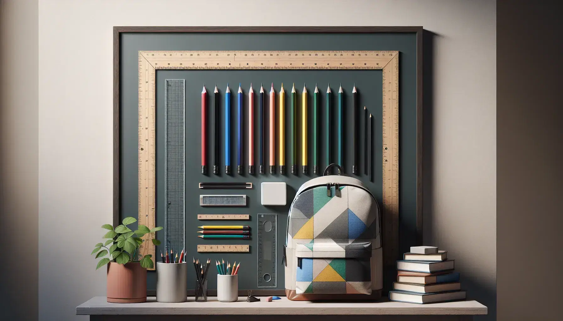 Set de lápices de colores, regla transparente y borrador sobre superficie clara, mochila abierta con libros y pizarra verde al fondo, junto a planta en maceta.