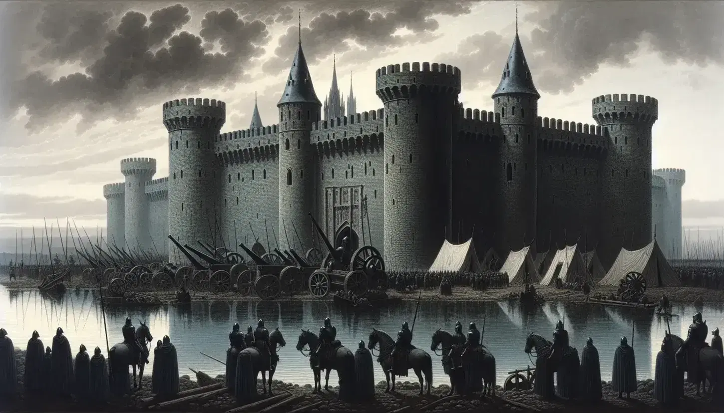 Assedio medievale con mura di pietra, fiume, cavalieri in armatura e macchine d'assedio sotto un cielo nuvoloso.