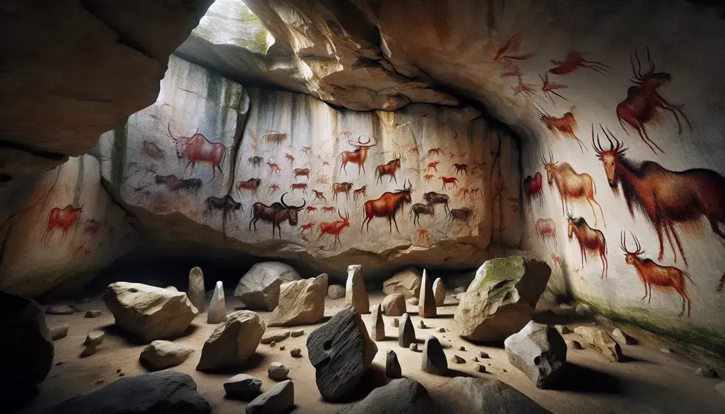 Cueva de piedra caliza con pinturas rupestres de bisontes, caballos y ciervos en tonos rojos y negros y réplicas de herramientas líticas en el suelo, iluminada por luz natural.