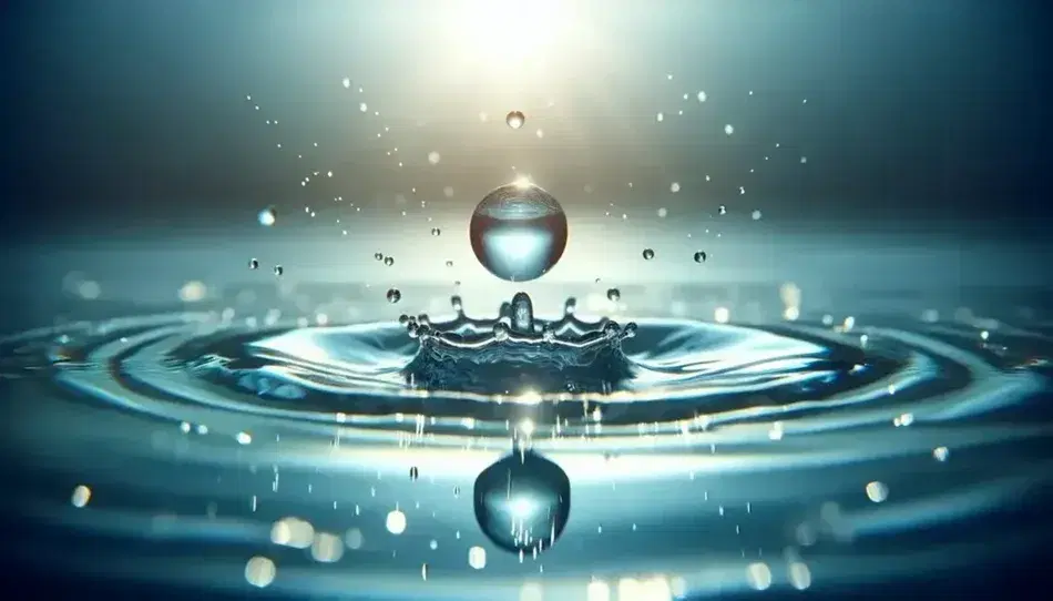 Gota de agua suspendida a punto de caer en superficie tranquila con reflejos luminosos y pequeñas salpicaduras alrededor, en un fondo desenfocado de tonos azules y verdes.