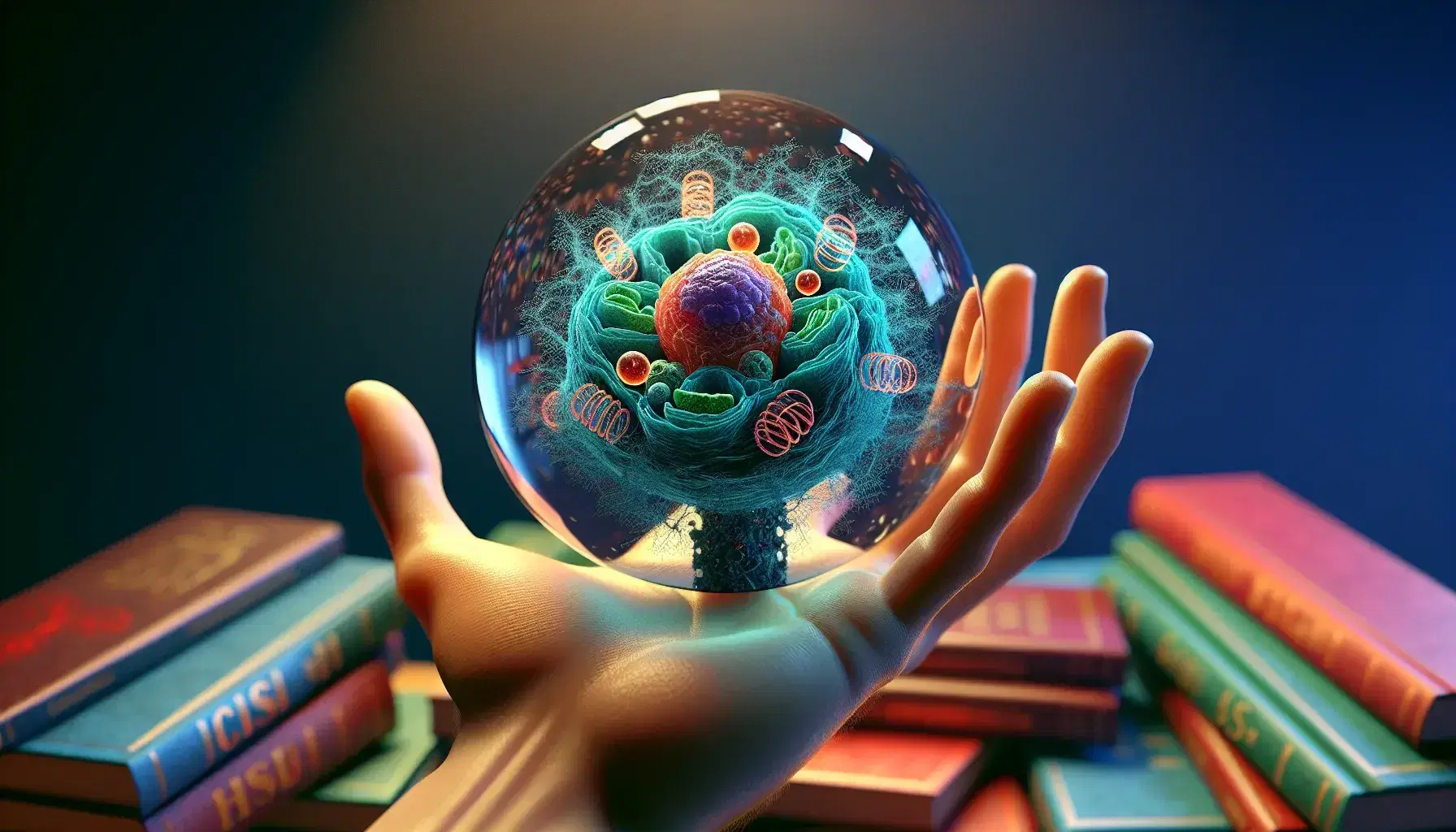 Mano aperta regge sfera di vetro con modello 3D cellula umana dettagliata, nucleo blu, mitocondri rossi, reticolo endoplasmatico verde, ribosomi gialli.