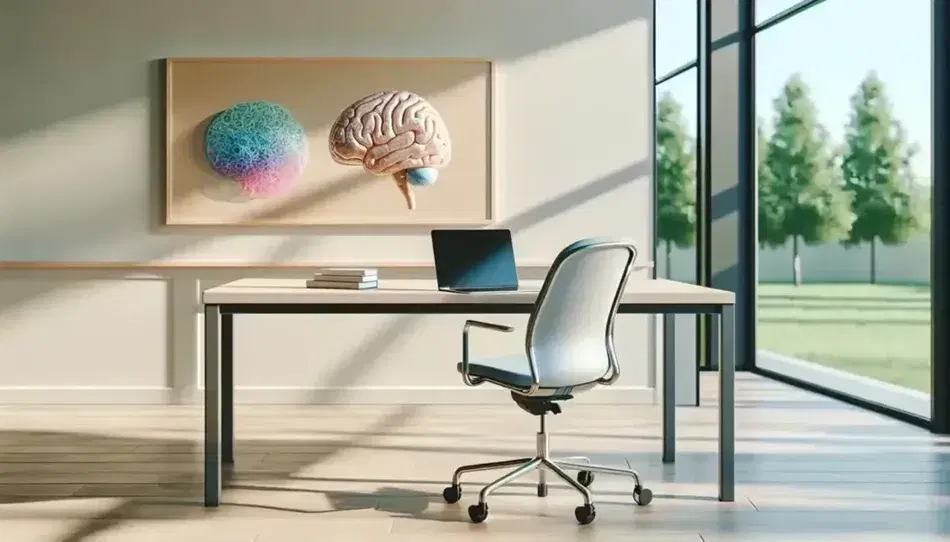 Aula moderna con mesa de madera, portátil plateado, modelo 3D del cerebro humano y silla ergonómica azul, junto a ventana con vista a árboles.