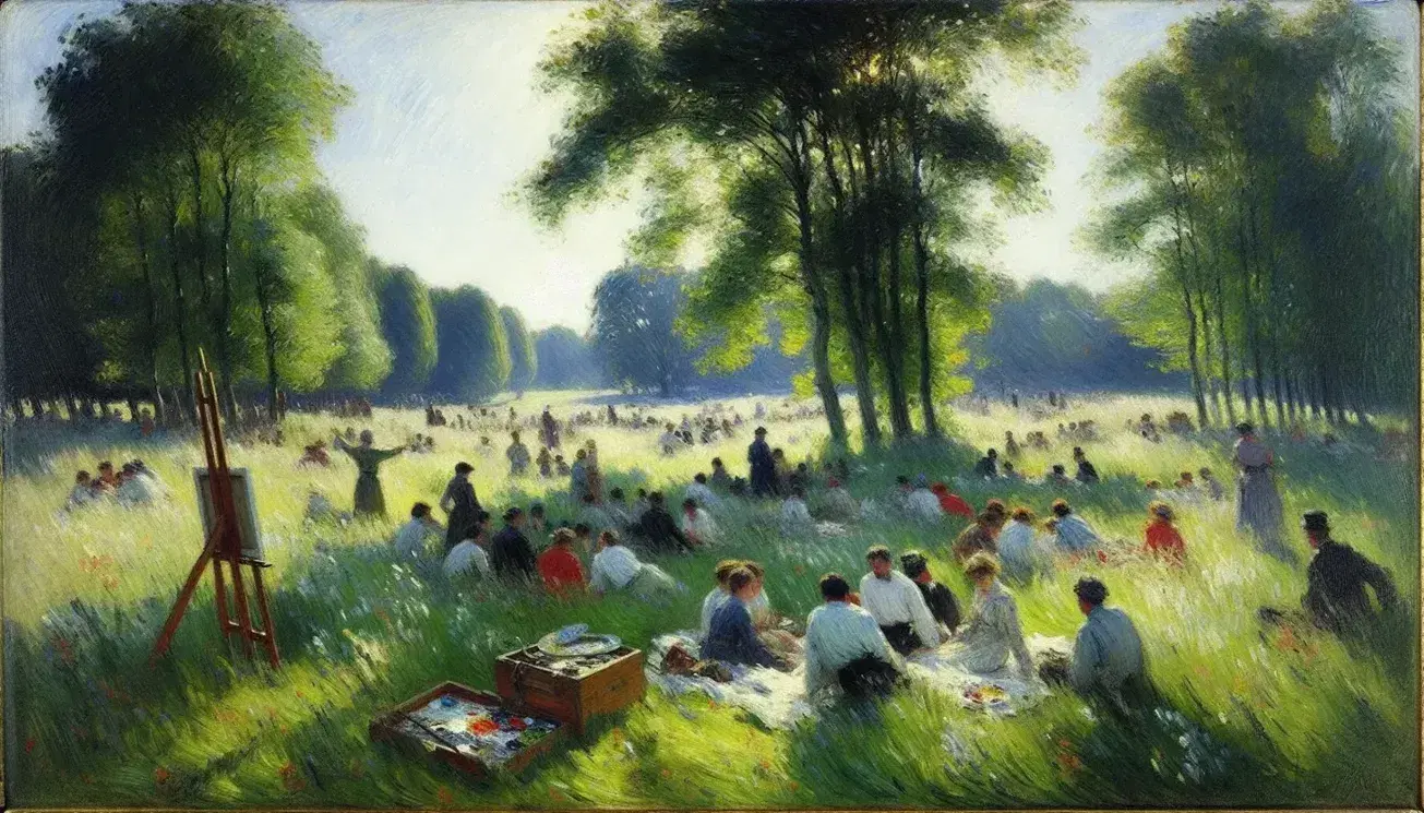 Scena impressionista con persone sedute su prato ombreggiato da alberi, tocchi di colore sui vestiti, cavalletto con tela e colori in basso a destra.