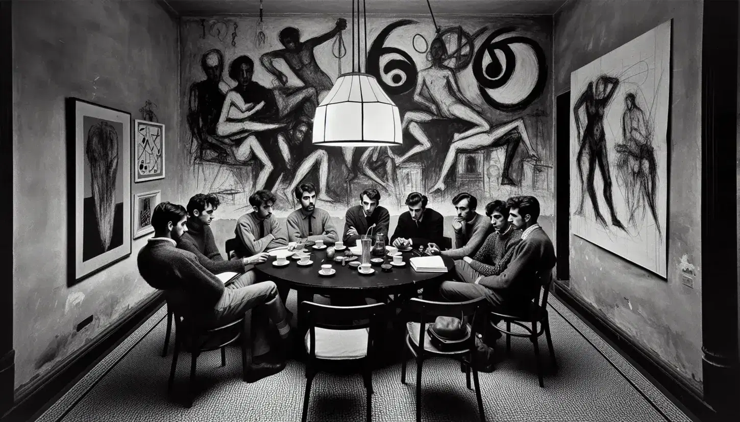 Gruppo di giovani artisti e intellettuali in vivace discussione in un caffè letterario italiano degli anni '60, circondati da opere d'arte.